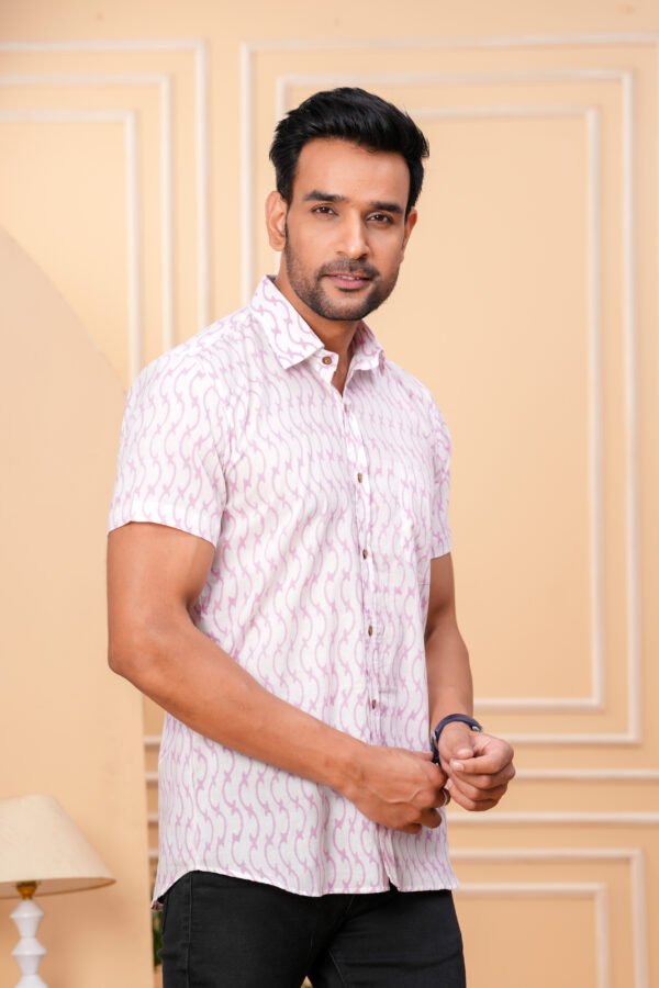 Men’s Luxury Hand Block Printed Shirt – Blush Ivory Edition