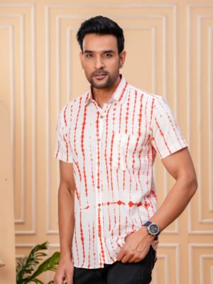 Men’s Luxury Hand Block Printed Shirt – Ivory & Rust Edit