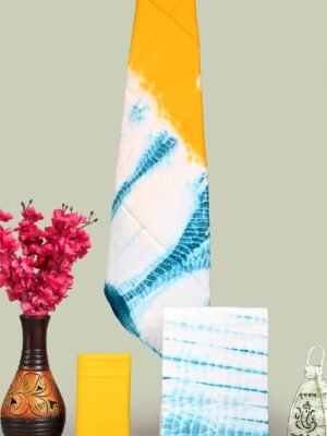 Mustard Yellow & Indigo Shibori Tie-Dye Cotton Unstitched Suit Set