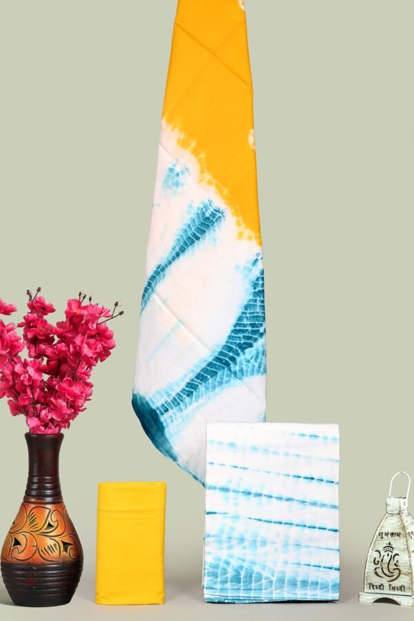Mustard Yellow & Indigo Shibori Tie-Dye Cotton Unstitched Suit Set