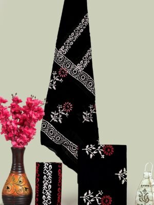 Black & Red Floral Hand Block Print Cotton Unstitched Suit Set