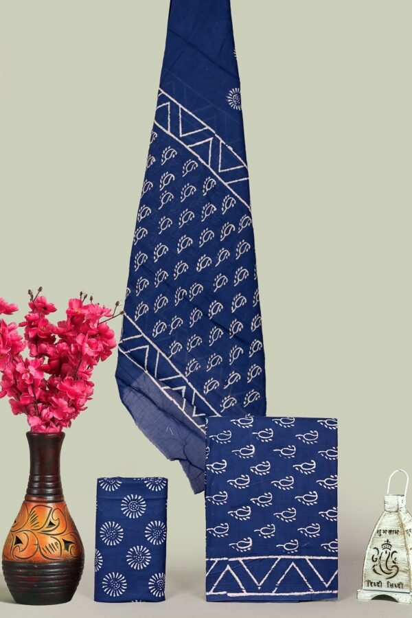Blue Hand Block Print Cotton Unstitched Suit Set