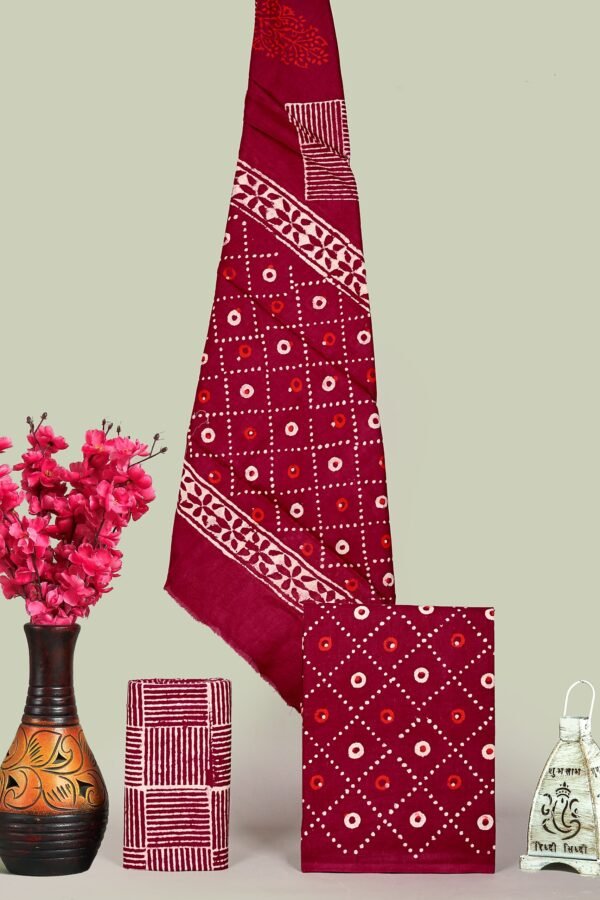 Crimson Red Hand Block Print Cotton Unstitched Suit Set