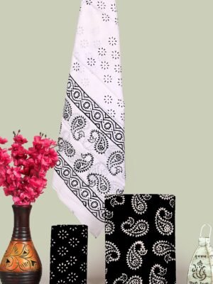 Black & White Paisley Hand Block Print Cotton Unstitched Suit Set