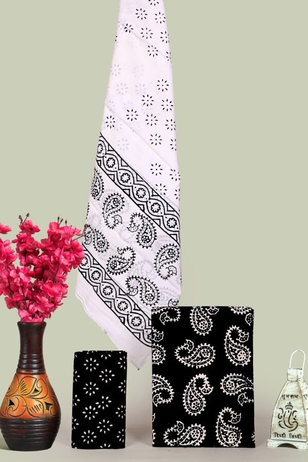 Black & White Paisley Hand Block Print Cotton Unstitched Suit Set