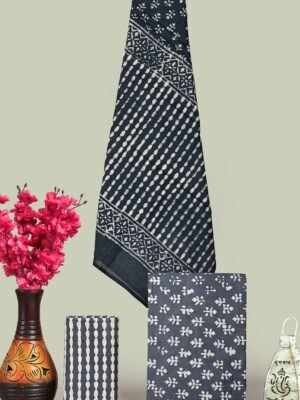 Charcoal Grey & White Hand Block Print Cotton Unstitched Suit Set