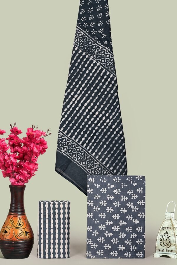 Charcoal Grey & White Hand Block Print Cotton Unstitched Suit Set
