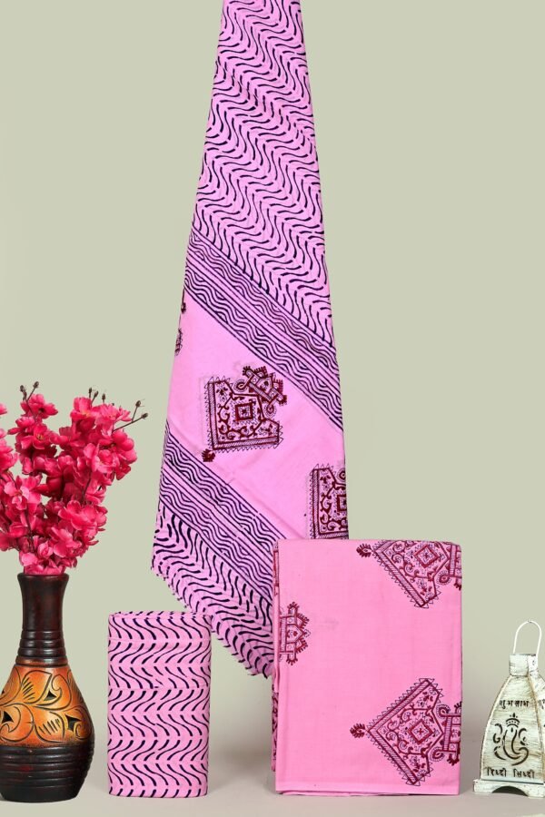 Blush Pink Hand Block Print Cotton Unstitched Suit Set