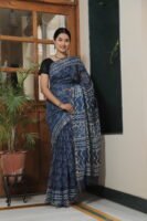 💙 Premium Kota Doria Indigo Printed Saree with Traditional Motifs