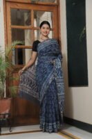 💙 Premium Kota Doria Indigo Printed Saree with Traditional Motifs