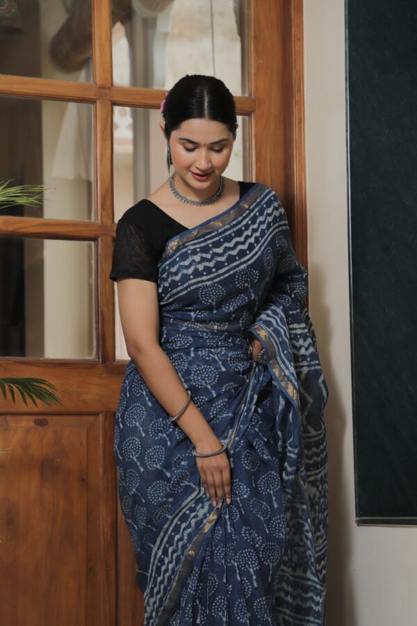 💙 Premium Kota Doria Indigo Printed Saree with Traditional Motifs