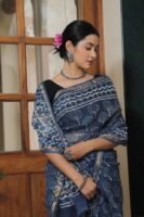 💙 Premium Kota Doria Indigo Printed Saree with Traditional Motifs