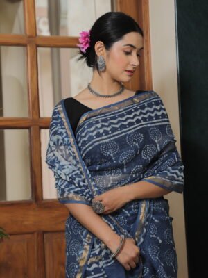 💙 Premium Kota Doria Indigo Printed Saree with Traditional Motifs