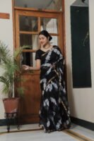 🖤 Premium Kota Doria Tie-Dye Printed Saree with Zari Border