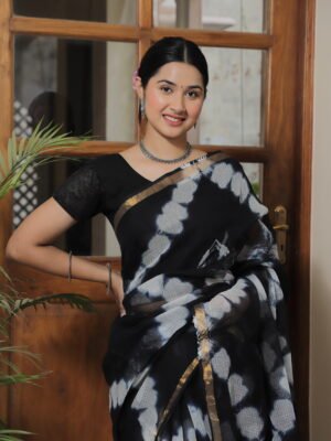 🖤 Premium Kota Doria Tie-Dye Printed Saree with Zari Border