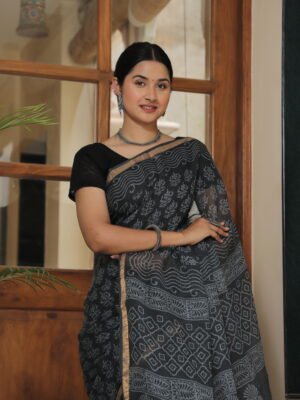 Premium Kota Doria Ethnic Printed Saree with Subtle Zari Border