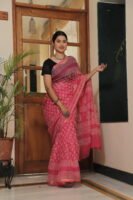 Premium Kota Doria Floral Printed Saree with Rich Zari Border