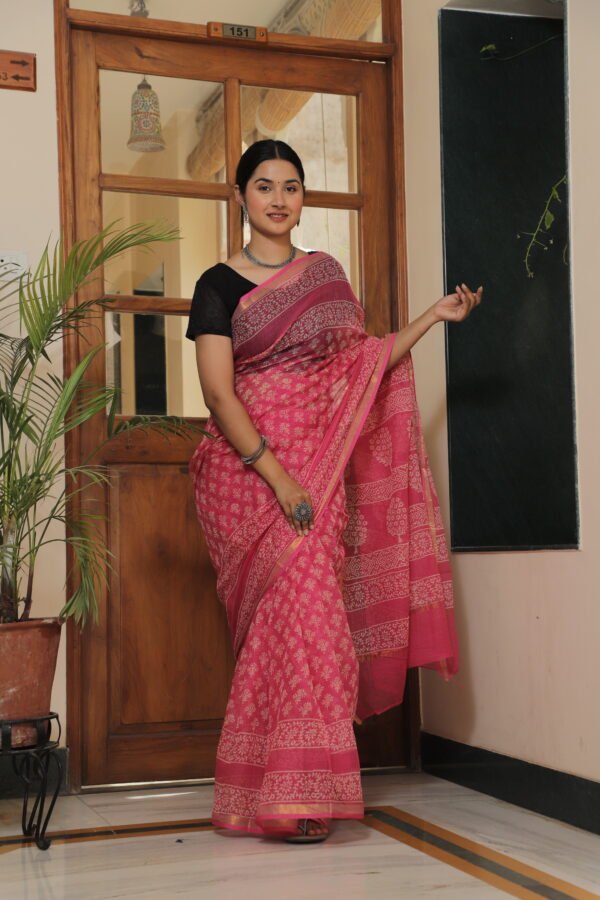 Premium Kota Doria Floral Printed Saree with Rich Zari Border