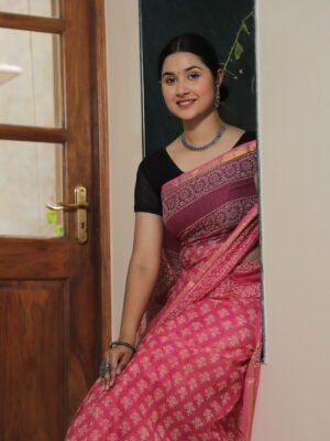 Premium Kota Doria Floral Printed Saree with Rich Zari Border