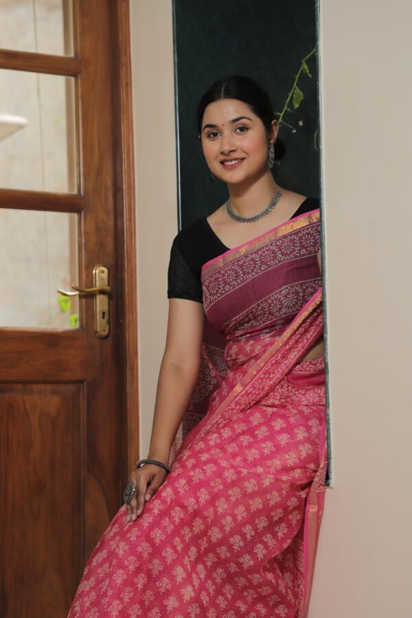 Premium Kota Doria Floral Printed Saree with Rich Zari Border