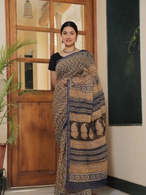Premium Kota Doria Geometric Printed Saree with Contrast Border