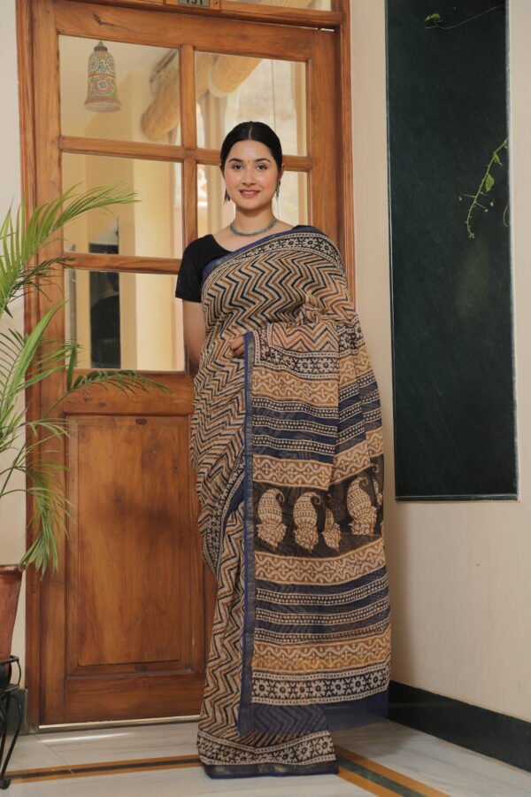 Premium Kota Doria Geometric Printed Saree with Contrast Border