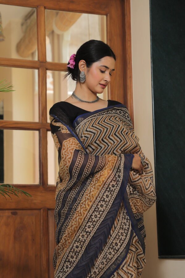 Premium Kota Doria Geometric Printed Saree with Contrast Border