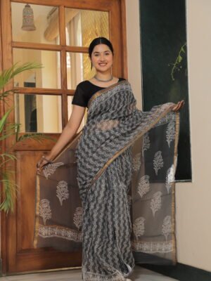 Premium Kota Doria Printed Saree with Zari Border