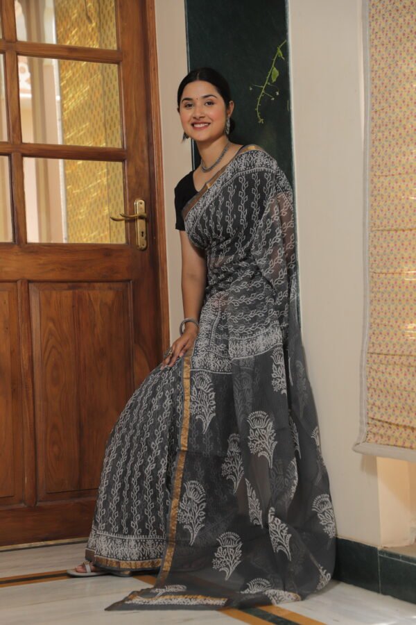 Premium Kota Doria Printed Saree with Zari Border