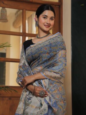 Premium Kota Doria Floral Printed Saree with Artistic Border