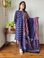 Hand Block Printed Cotton Kurta Set with Dupatta (Navy Blue, Red & White)