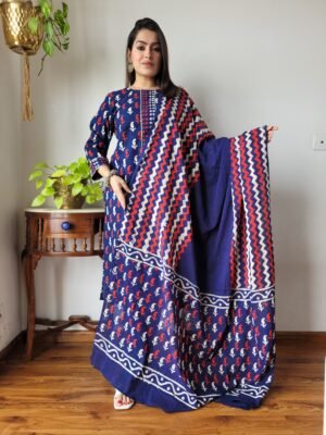 Hand Block Printed Cotton Kurta Set with Dupatta (Navy Blue, Red & White)