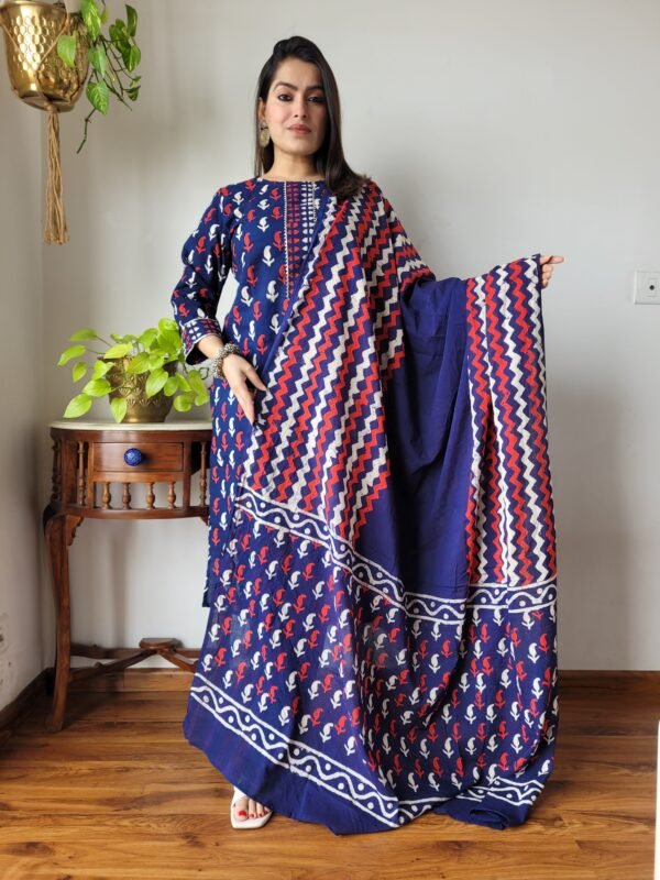 Hand Block Printed Cotton Kurta Set with Dupatta (Navy Blue, Red & White)
