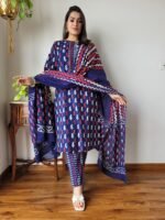 Hand Block Printed Cotton Kurta Set with Dupatta (Navy Blue, Red & White)