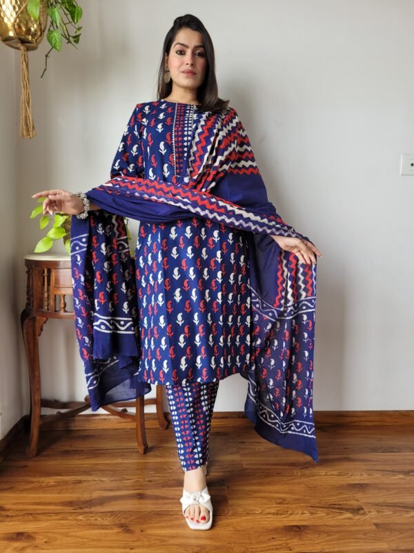 Hand Block Printed Cotton Kurta Set with Dupatta (Navy Blue, Red & White)