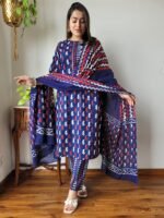 Hand Block Printed Cotton Kurta Set with Dupatta (Navy Blue, Red & White)