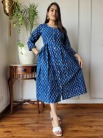 Earthy Brown Floral Cotton Flared Dress