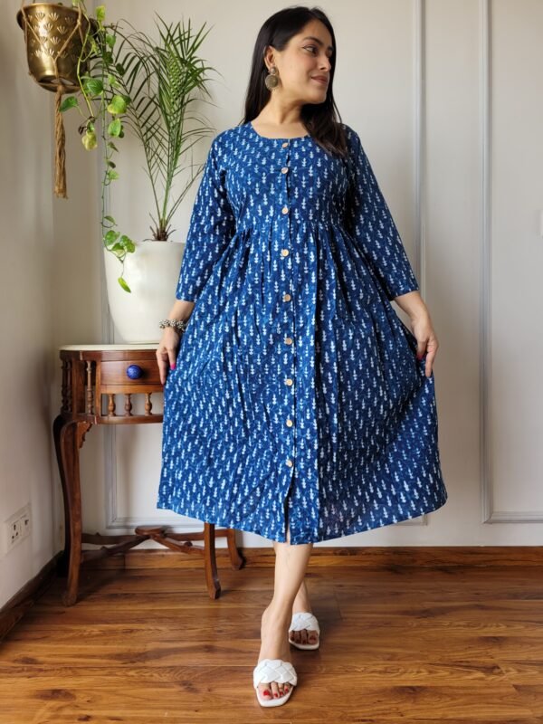Earthy Brown Floral Cotton Flared Dress