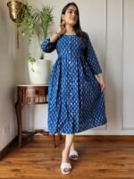 Earthy Brown Floral Cotton Flared Dress