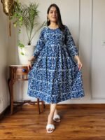 Indigo Blue Floral Cotton Midi Dress