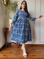 Indigo Blue Floral Cotton Midi Dress