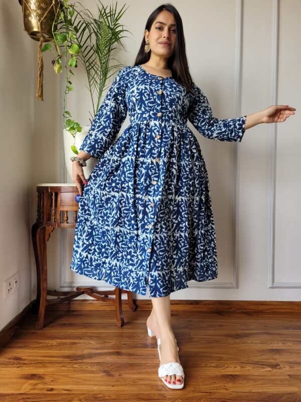 Indigo Blue Floral Cotton Midi Dress