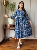 Indigo Blue Floral Cotton Midi Dress