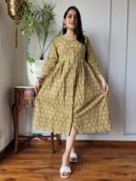 Mustard Yellow Floral Cotton Midi Dress