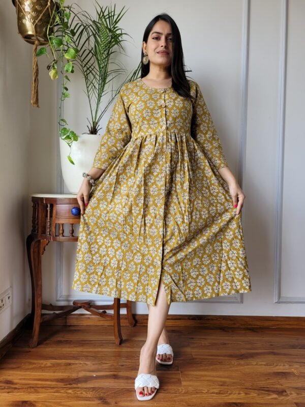 Mustard Yellow Floral Cotton Midi Dress