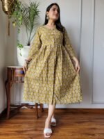 Mustard Yellow Floral Cotton Midi Dress