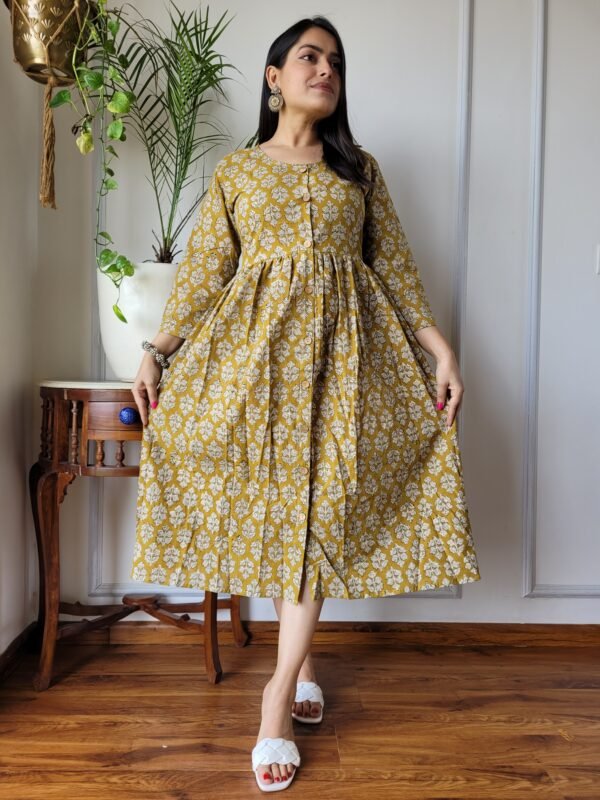 Mustard Yellow Floral Cotton Midi Dress