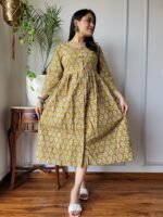 Mustard Yellow Floral Cotton Midi Dress