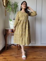 Mustard Yellow Floral Cotton Midi Dress