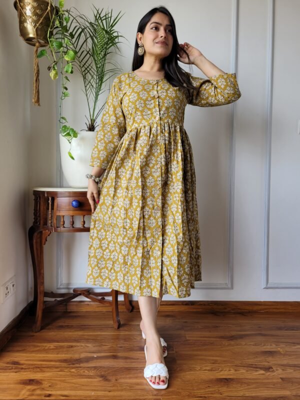 Mustard Yellow Floral Cotton Midi Dress